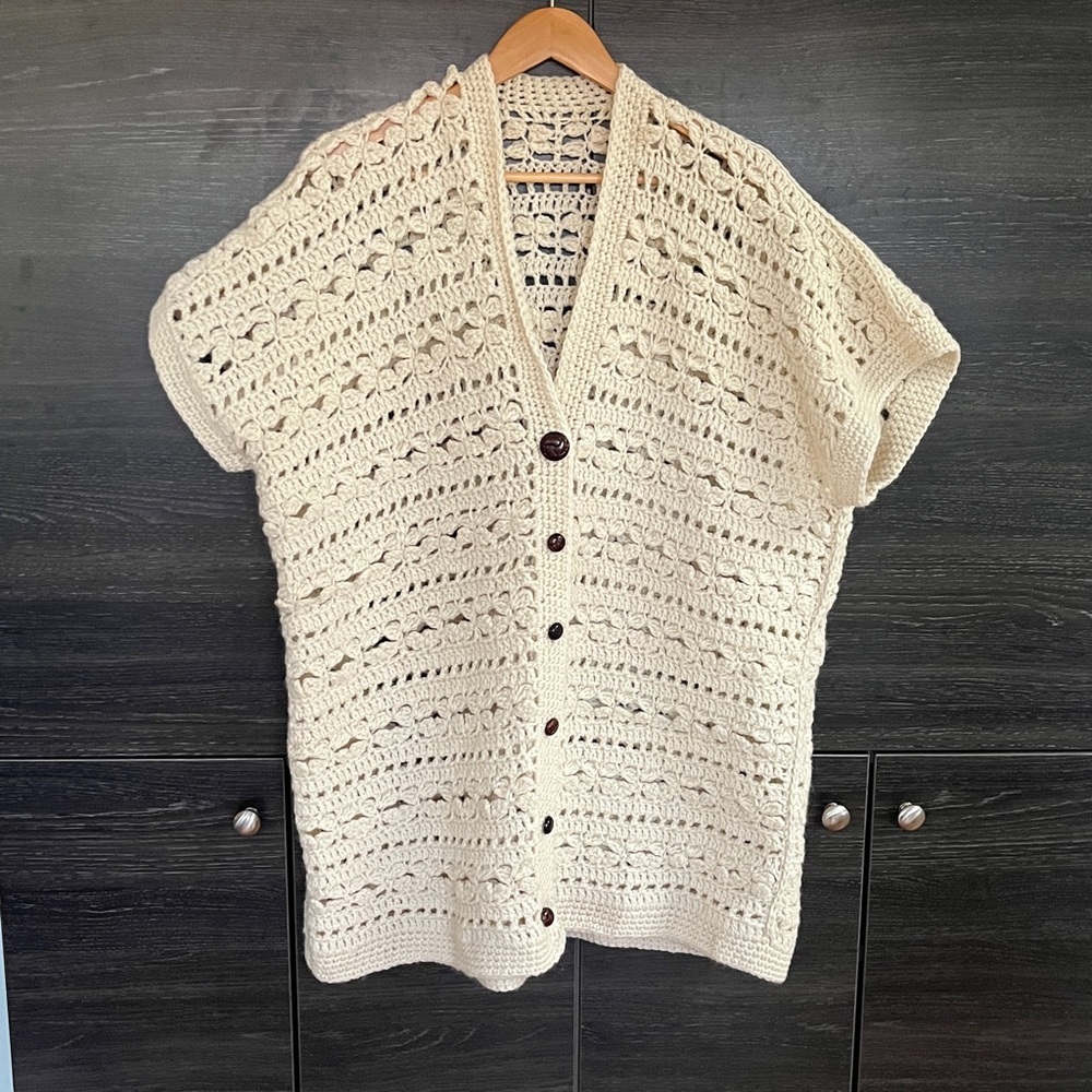 Handmade Oversized Crocheted Wool Cream Vest with Vintage Buttons XL-XXL